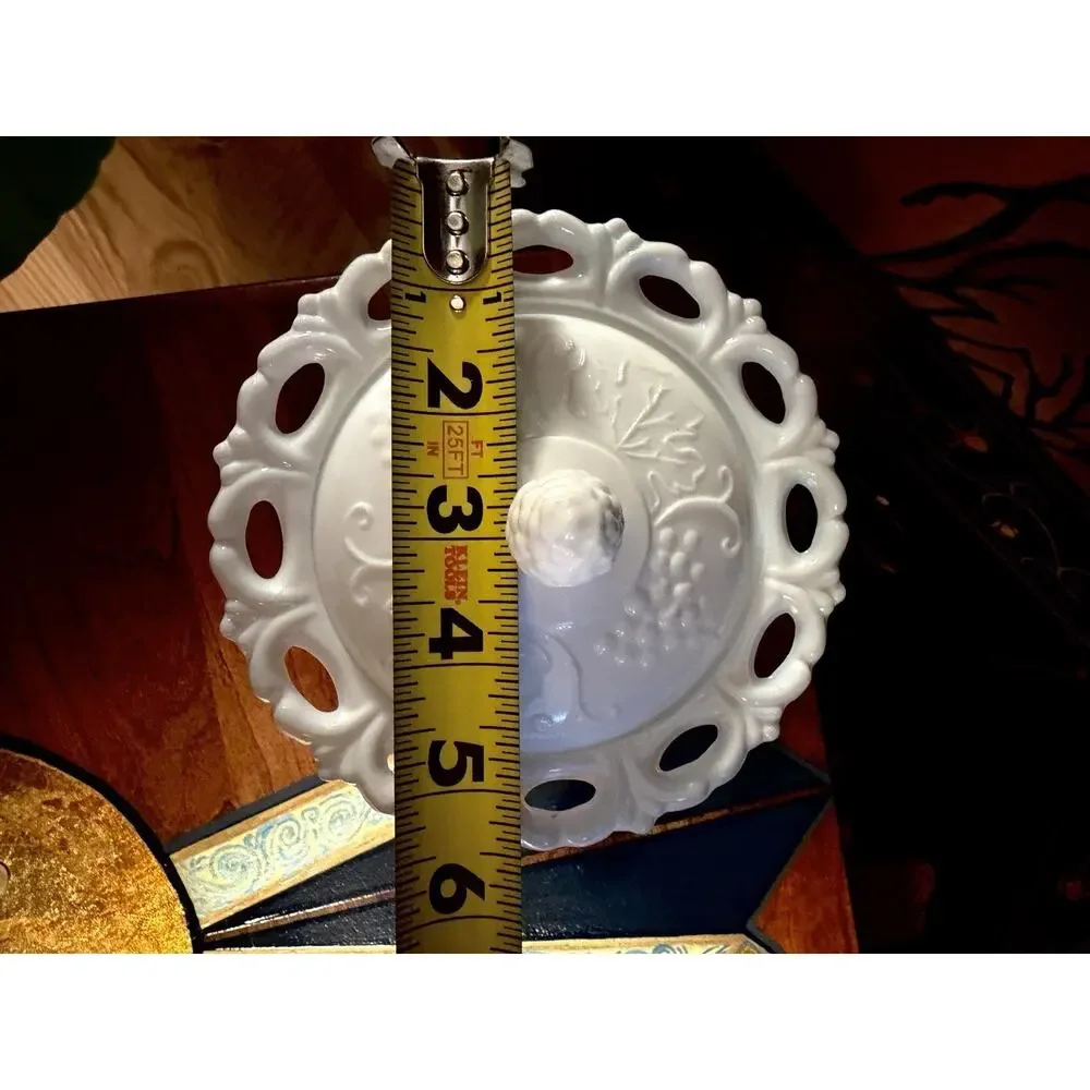 Vintage Milk Glass Covered Compote Candy Dish Grape Vine Pedestal Open Lace